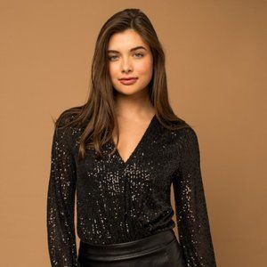 *NWT* Black Long Sleeve Sequin Wrap Bodysuit